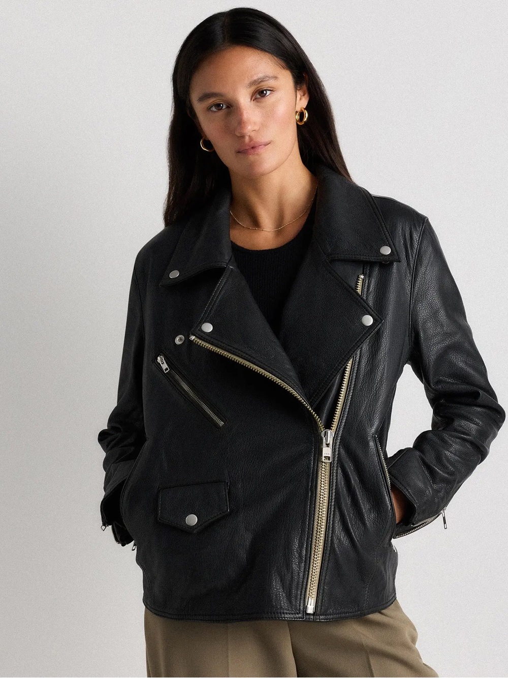 QUINCE “100% Leather Oversized Biker Jacket”
 - Size: M in BLACK - Picture 8 of 11